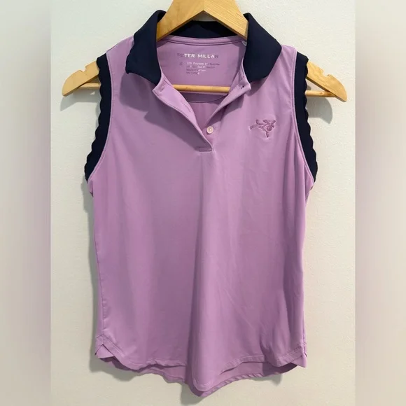 PETER MILLAR Stretch Sleeveless Jersey Polo Shirt Purple Navy Golf Tennis - Picture 1 of 9